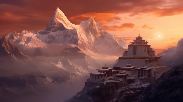 Foto everest e templi tibetani ia generativa