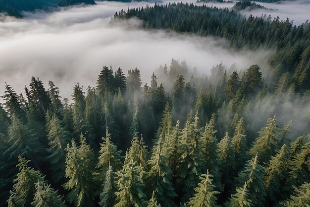 evergreen forest view from overhead fog rolling in looks like the pacific northwest