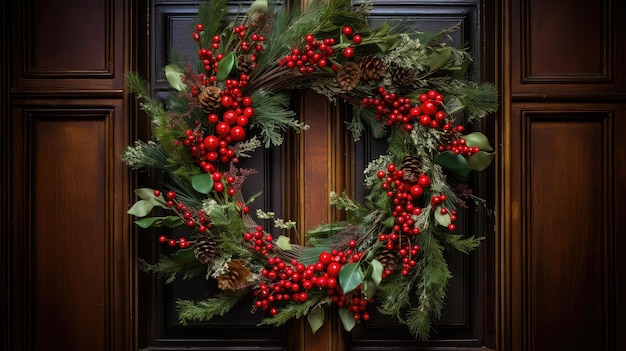 Photo evergreen holiday wreath on door