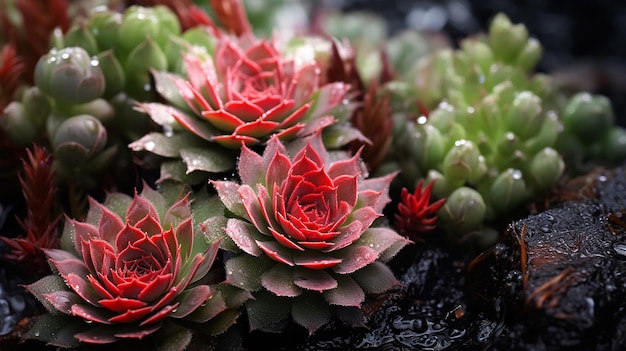 Вечнозеленые суккуленты Sempervivum, выходящие из почвы