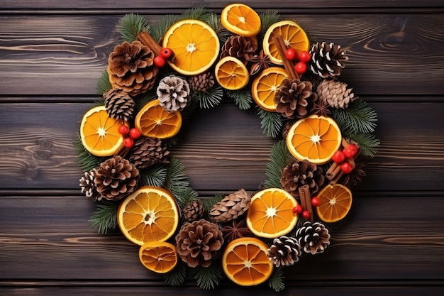 Photo evergreen tree branches dry fruits oranges and pine cones compose the handmade holiday wreath