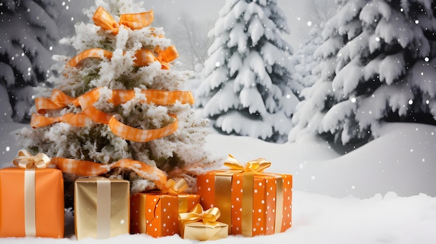 An evergreen tree covered in snow surrounded by presents wrapped in orange paper with gold bows