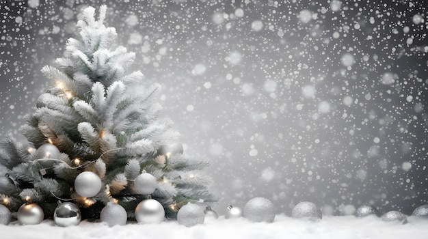 An evergreen tree covered in snow surrounded by silver ornaments and lights