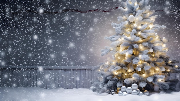 An evergreen tree covered in snow surrounded by silver ornaments and lights