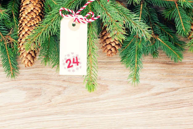 Evergreen tree with cones and christmas tag for 24 december