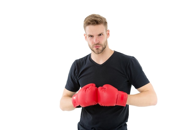 every day as struggle. sportsman boxer with gloves. boxing concept. man athlete boxer concentrated face with sport gloves. boxer practice fighting skills isolated white. boxer handsome strict coach.