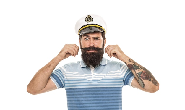 Photo every hipster needs beard hipster twirl mustache isolated on white bearded seaman wear hipster beard brutal hipster style barbershop sea voyage travel destination explore dreams