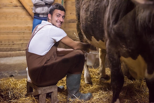 시골 농부의 일상 생활 행복한 청년이 우유 생산을 위해 손으로 젖소를 짜고 있습니다.