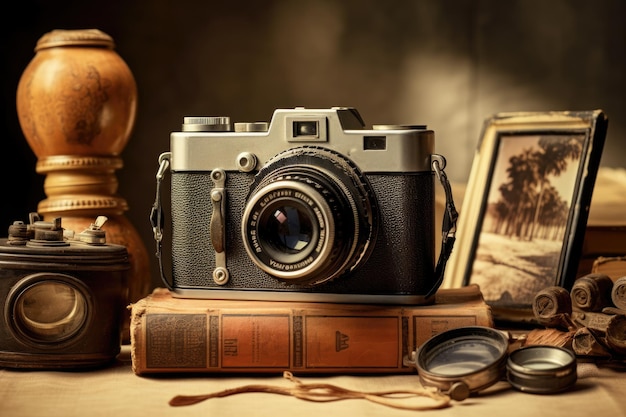 An everyday scene of a camera resting on a table alongside a book captured in still life photography Vintage camera and old photographs AI Generated