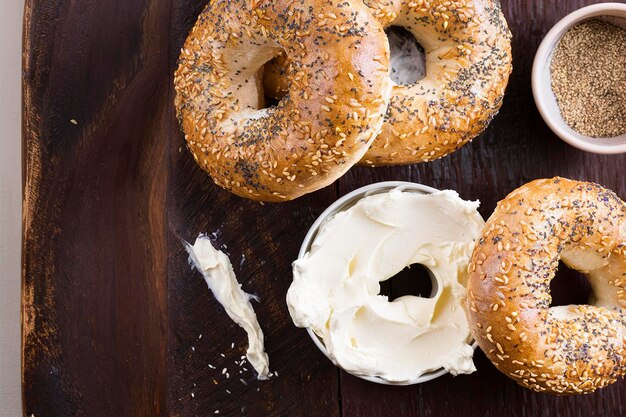 Everything bagels with seeds served with cream cheese