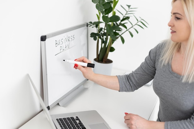 Foto tutto deve essere pianificato. giovane donna attraente che scrive qualcosa sulla lavagna. donna che scrive business plan.