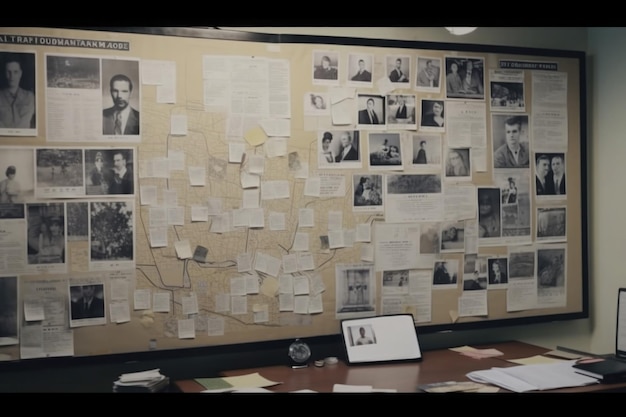 Photo evidence board with information about crime generative ai