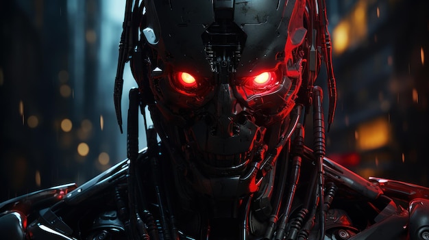 evil creepy cyborg with red eyes