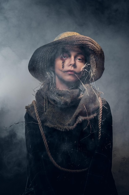 Evil creepy scarecrow concept - young woman in mist and smoke is posing for photographer.