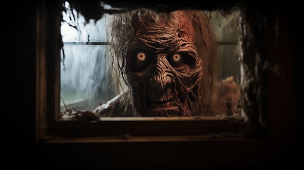 Photo evil dead monster looking through window horror in eyes scary monster is trying to get into house