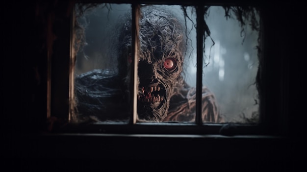 Evil dead monster looking through window horror in eyes Scary monster is trying to get into house