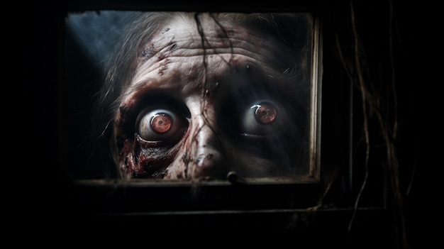 Photo evil dead monster looking through window horror in eyes scary monster is trying to get into house