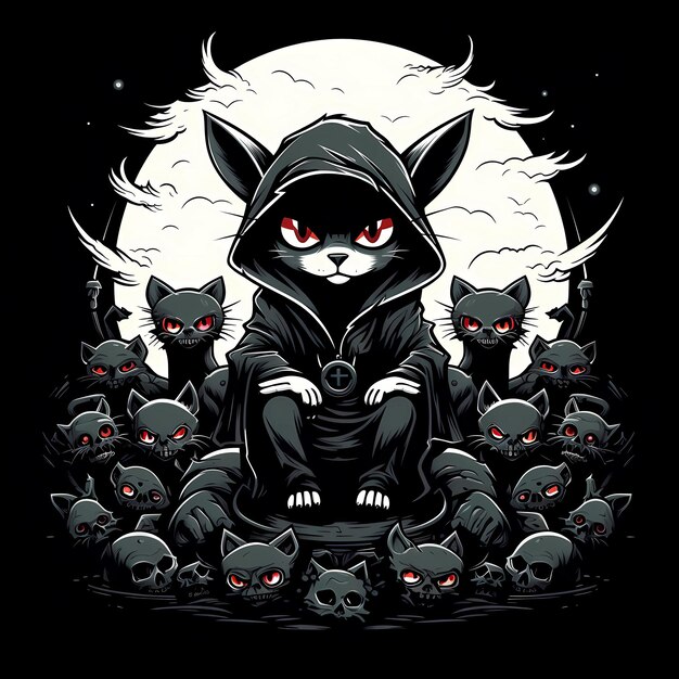 Evil demon cat with hood sitting with skulls and angry cats