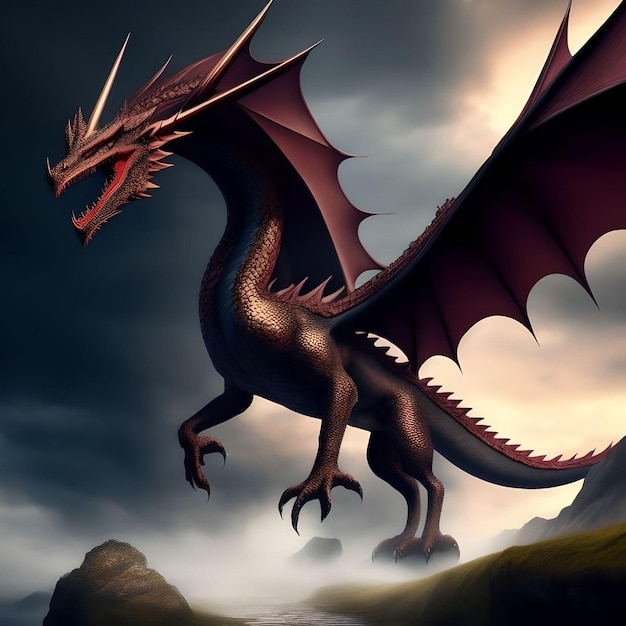 Evil Dragon on The Foggy Mountains Realistic 3D Illustration