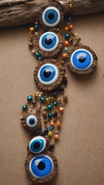 Evil eye beads on piece of log on a cardboard