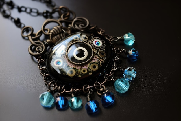 Evil eye pendant adorned with charms and crystals on black chain