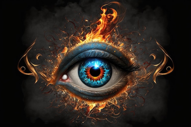 Evil eye surrounded by burning flames signifying power and protection