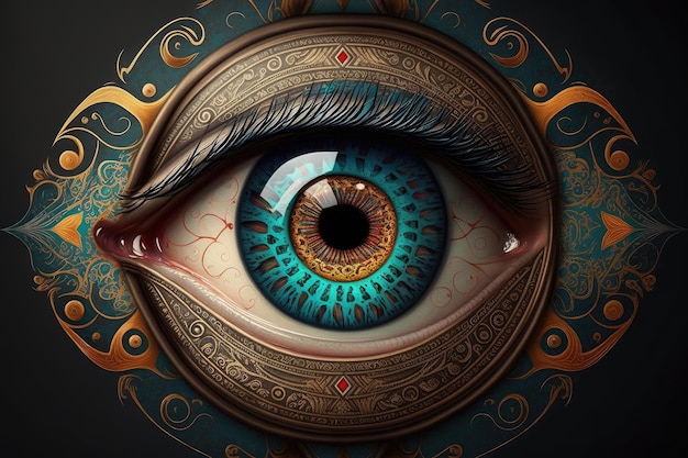 Фото Злой глаз, окруженный кругом замысловатых узоров и цветов