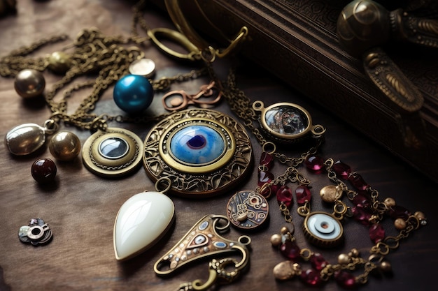 Evil eye surrounded by cluster of other magical charms and amulets