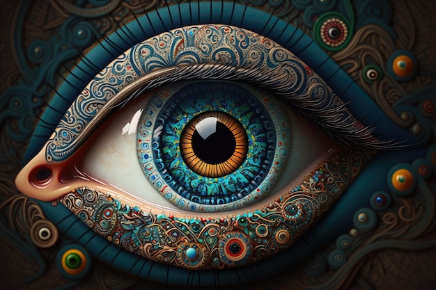 Evil eye surrounded by intricate and colorful pattern