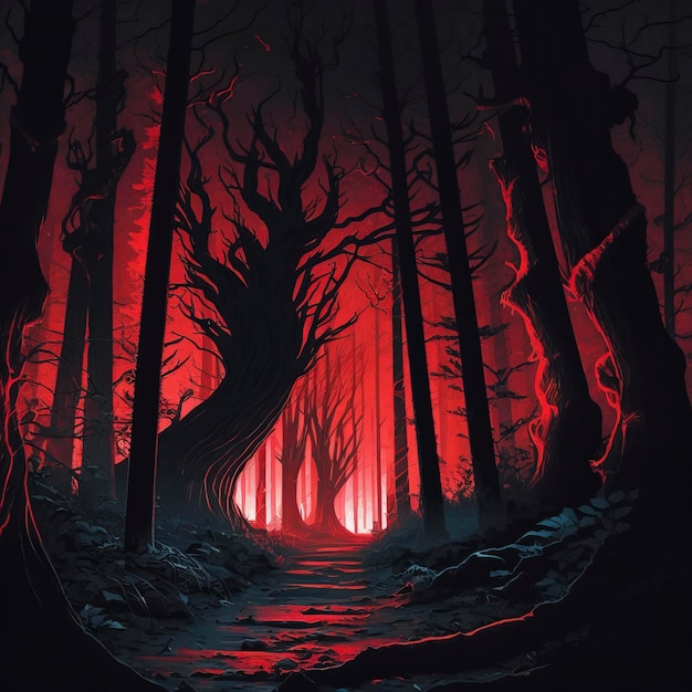 evil forest, red lighting, dark