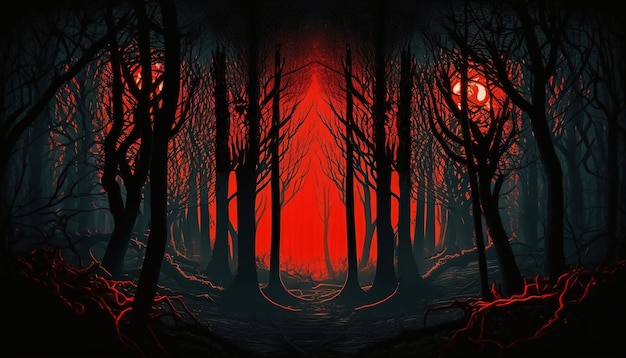 사악한 숲의 붉은 조명이 어둡습니다.