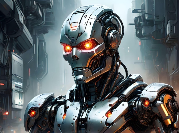 Evil Futuristic Grey Robot with Glowing Eyes in Foggy Distant Future Landscape Portrait