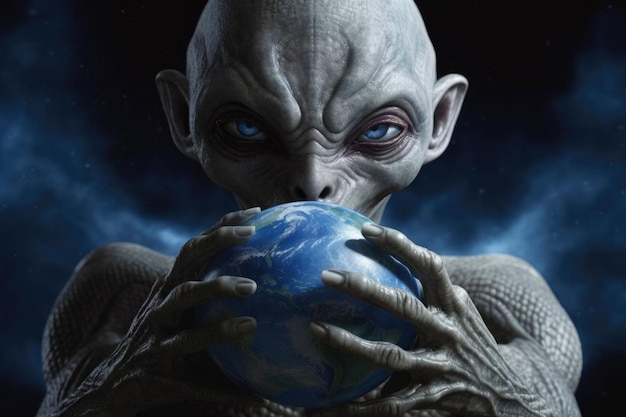 Evil Gray Alien from Other Worlds Holding in His Hands Earth Globe Planet extreme closeup Generative AI