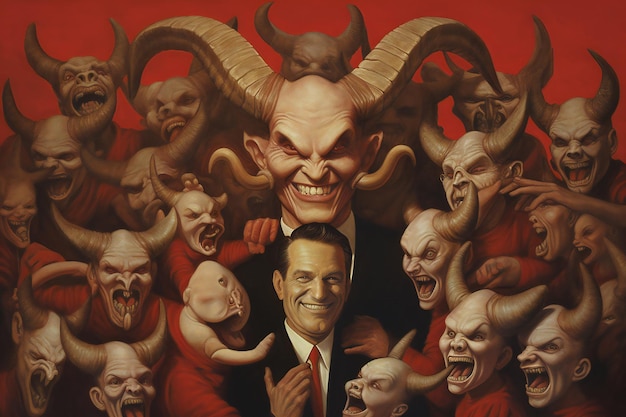 Photo evil greedy politic with devils surrounding him