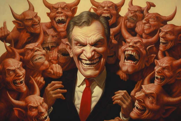 Evil greedy politic with devils surrounding him