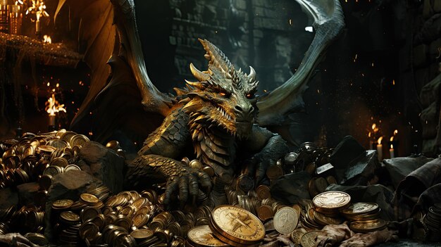 Photo evil green dragon guard on a pile of gold coins and treasures in a cave greeting card for chinese new year 2024