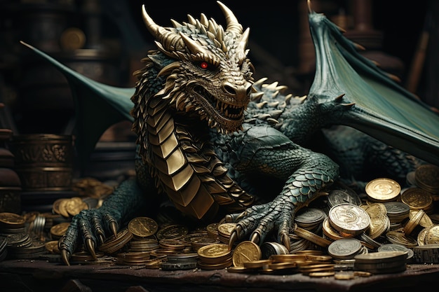 Photo evil green dragon on a pile of gold coins and treasures in a cave greeting card for the new year 2024