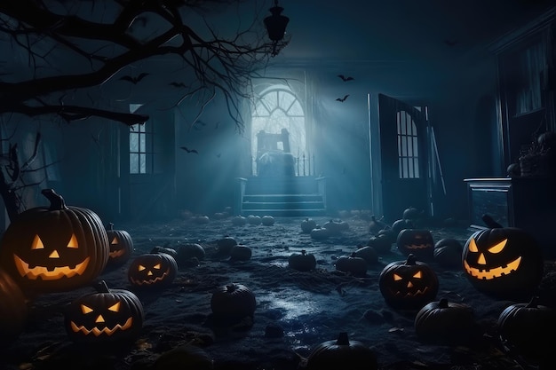 Злой Хэллоуин фон тыква голова кладбище летучие мыши и горящие свечи