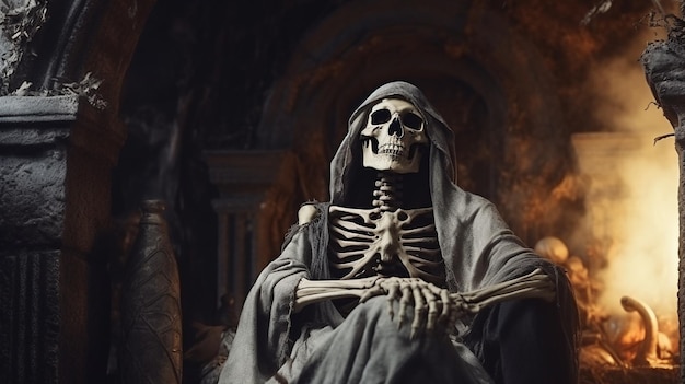Evil Halloween Ghost skeleton Avatar in a tomb awaken skull Horror spooky scary background