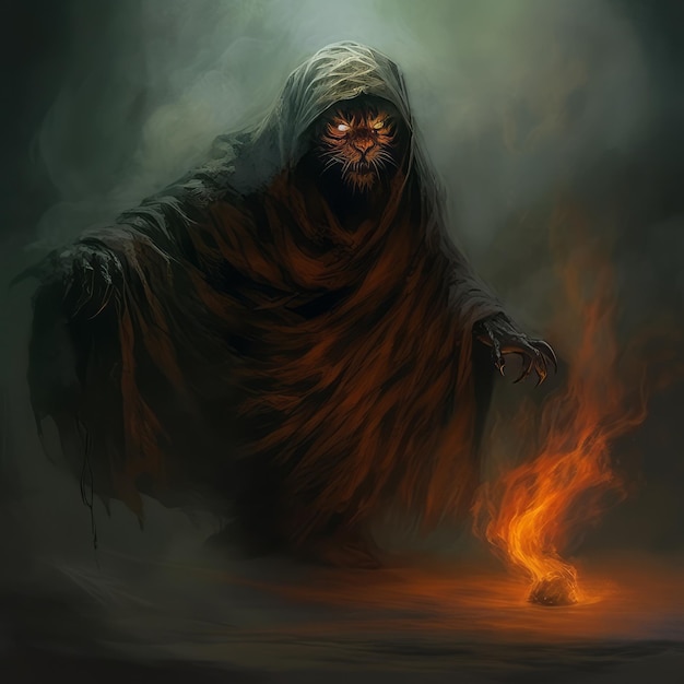 Evil Hooded Figure With Fire In Naturalistic Style