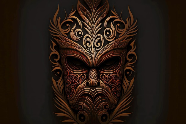 Evil intimidating tiki mask made of wood on dark background