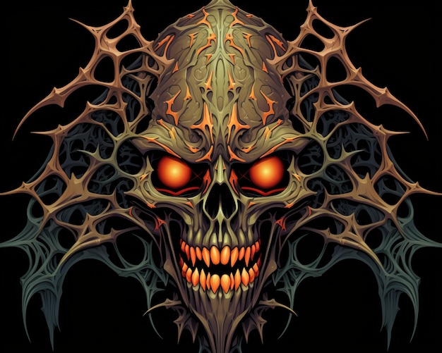 an evil looking skull with glowing eyes on a black background