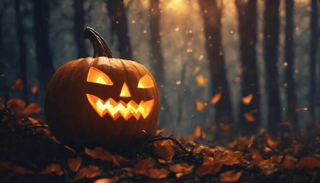 Evil pumpkin lantern in the woods with copy space for text