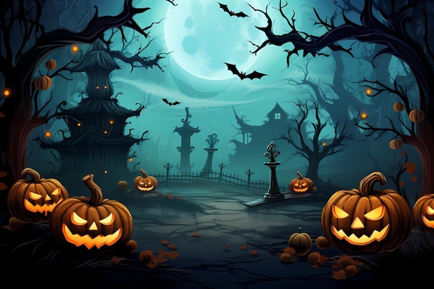 evil pumpkins in a dark spooky forest against the backdrop of a castle AI Generated