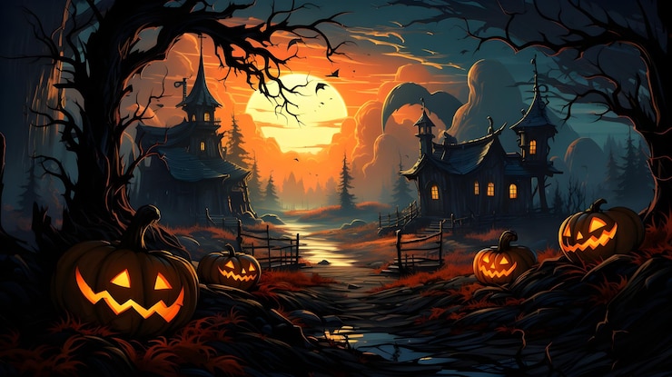 Photo evil pumpkins halloween scene