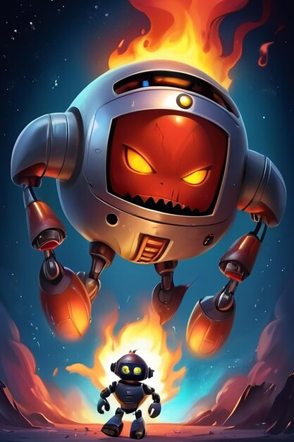 Evil Robot in Spaceship with Fire and Flame