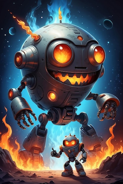 Evil Robot in Spaceship with Fire and Flame