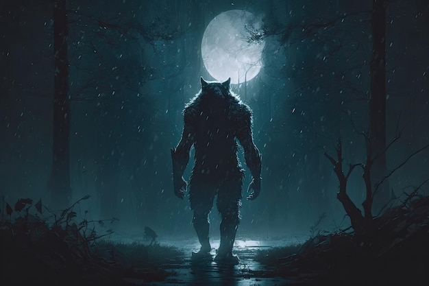 Evil scary werewolf monster at night in forest on a full moon Generative AI illustration