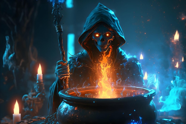 Evil sorcerer wizard is brewing a magical magic potion in a cauldron Glowing eyes of a sorcerer portrait of a fantasy old man