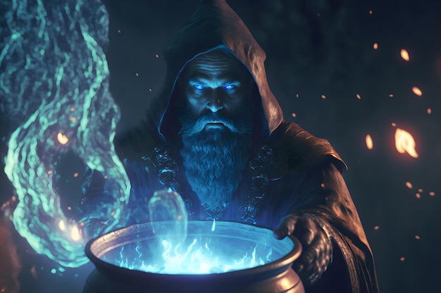Evil sorcerer wizard is brewing a magical magic potion in a cauldron Glowing eyes of a sorcerer portrait of a fantasy old man